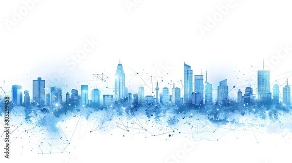 Fototapeta Abstract background with a city skyline, using blue color and a white background, a technology vector illustration for a business concept design, in the style of a digital identity with lines, data po