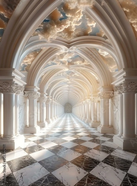 Fototapeta ornate hallway with checkered floor and cloudy sky