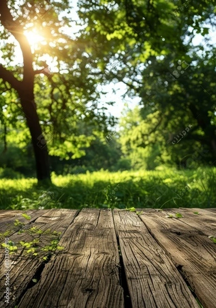 Fototapeta An old wooden table in a lush green forest with a bright sun shining through the trees
