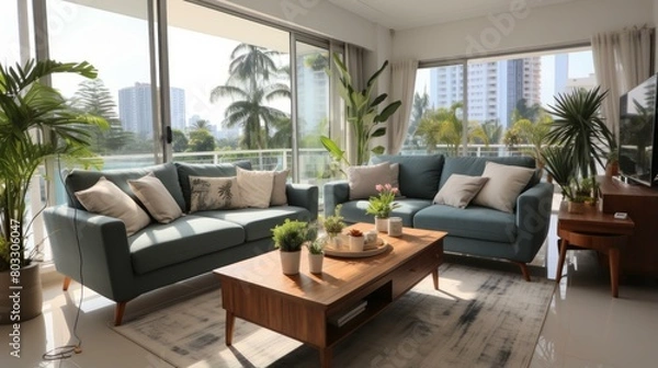 Fototapeta Airy living room with large windows and a view of the city