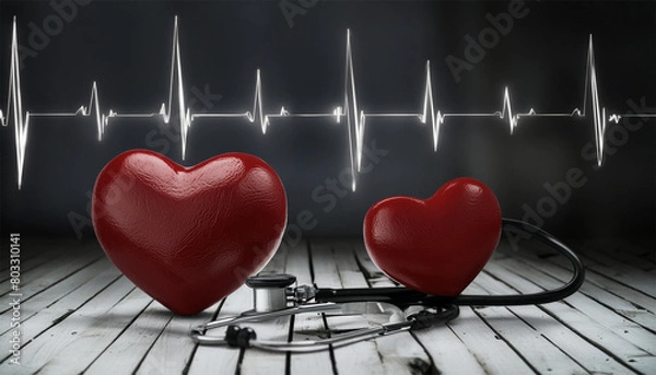 Fototapeta Red heart and stethoscope on wooden background. Cardiology concept.