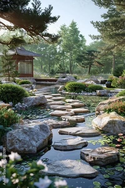 Obraz Stepping Stones in a Landscaped Garden with a Pavilion