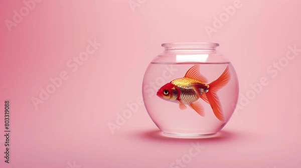Fototapeta a single goldfish in a clear jar, viewed at eye level. The background is a soft pastel pink, providing a calm and clean aesthetic, Generative AI