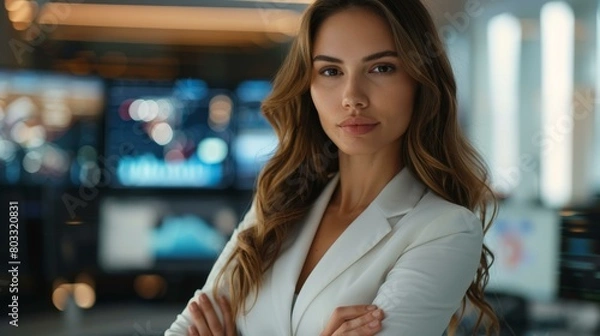 Fototapeta Confident young woman in elegant white suit posing in modern office environment, symbolizing professionalism and leadership in business.