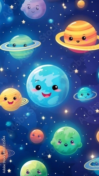 Fototapeta A cute cartoon space illustration of a bunch of happy planets and stars.