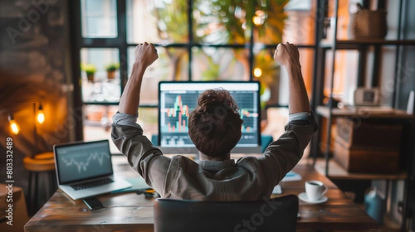 Obraz Successful Stock Market Day Trader Analyzing Real-Time Investment Charts on Multi-Monitor Workstation. Trader and business concept