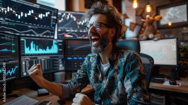 Obraz Successful Stock Market Day Trader Analyzing Real-Time Investment Charts on Multi-Monitor Workstation. Trader and business concept