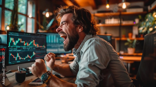 Obraz Successful Stock Market Day Trader Analyzing Real-Time Investment Charts on Multi-Monitor Workstation. Trader and business concept