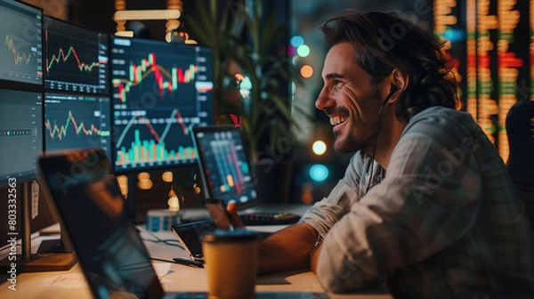 Obraz Successful Stock Market Day Trader Analyzing Real-Time Investment Charts on Multi-Monitor Workstation. Trader and business concept