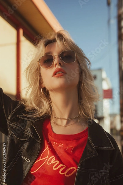 Fototapeta a lady wearing a red shirt with sunglasses, in the style of kidcore, dramatic use of color, sun-soaked colors, neo-geo