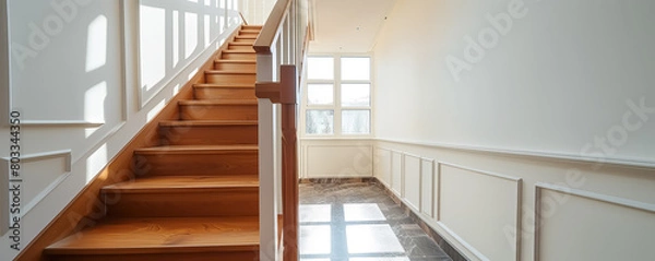 Fototapeta View on the stairs in renovated house with white walls.