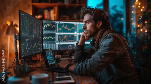 Obraz Trader or Broker Analyst Engaged in Stock Market Analysis Using Computer Technology. Business and trade concept. Imaged generated by IA