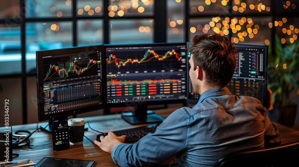 Obraz Trader or Broker Analyst Engaged in Stock Market Analysis Using Computer Technology. Business and trade concept. Imaged generated by IA