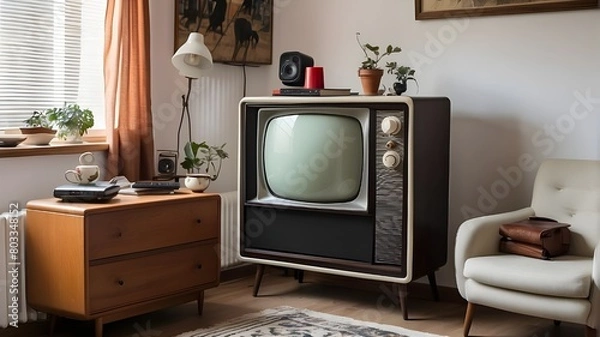 Fototapeta Television put on a wooden table, with a white backdrop and an old TV and metal jar resting on a wooden drawer chest. wall background that has faded. An old country house's interior from the 20th cent
