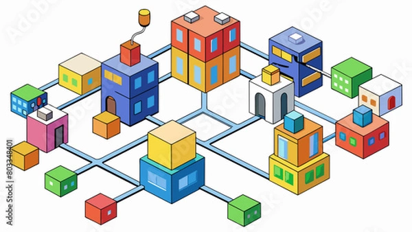 Fototapeta An intricate city map made of colorful blocks with each block representing a different type of building or location. The blocks are connected by thin. Cartoon Vector
