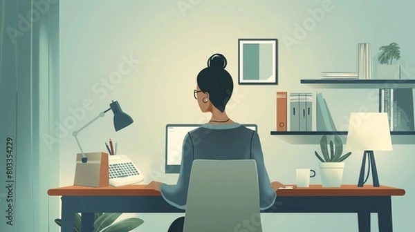 Fototapeta Woman Working on Laptop at Home With Sunlight Streaming Through Window