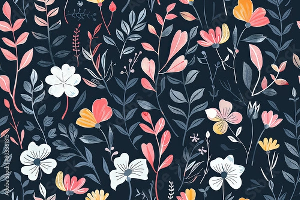 Fototapeta Seamless pattern featuring a variety of colorful flowers and scattered green leaves on a dark background. Ideal for fabric prints, wallpaper, and wrapping paper.