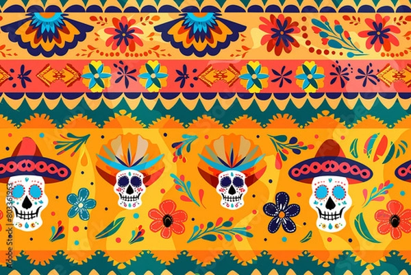 Fototapeta Seamless pattern featuring colorful skulls and flowers on a yellow background. Perfect for Dia de Muertos projects or other festive occasions.