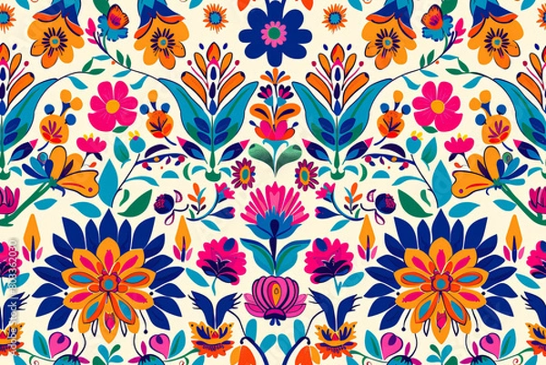 Fototapeta Мibrant seamless pattern featuring colorful Mexican flowers and leaves on a white background. Perfect for fabric design, gift wrap, and other creative projects.
