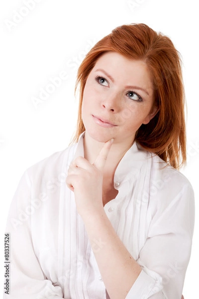 Obraz Curious woman thinking when finger on chin