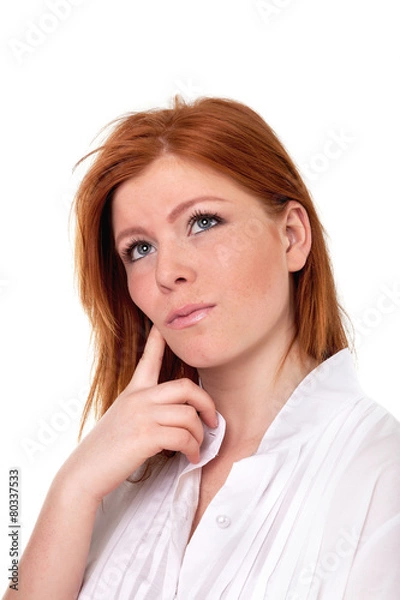 Obraz Curious woman thinking when finger on chin