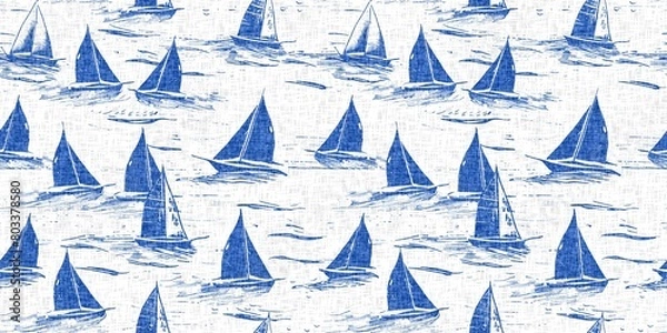 Obraz Coastal sail boat in azure ocean blue seamless border background. Modern sailing boat block print for decorative coast interior furnishing fabric for rustic linen beach cottage banner trend. 