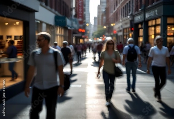Fototapeta A downtown shopping district, with blurred window shoppers and commuters merging into the storefronts, generative AI