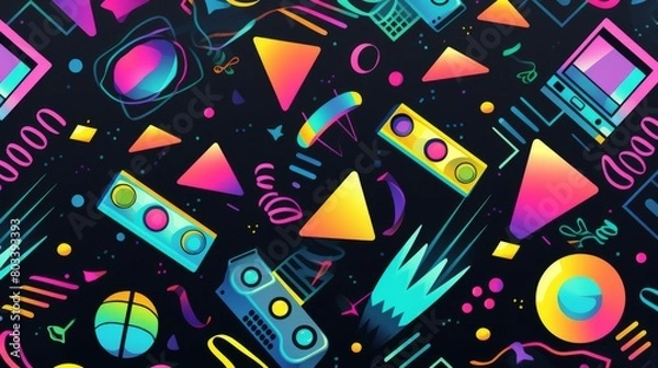 Obraz disco party set 90s, seamless pattern,black background