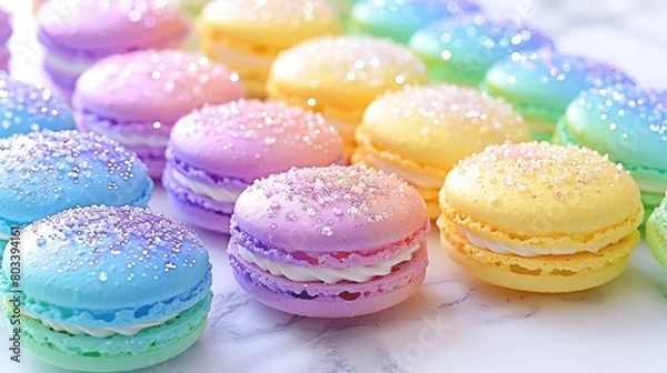 Fototapeta macarons arranged in a spectrum of colors, glistening on a luxurious marble surface under soft natural light.