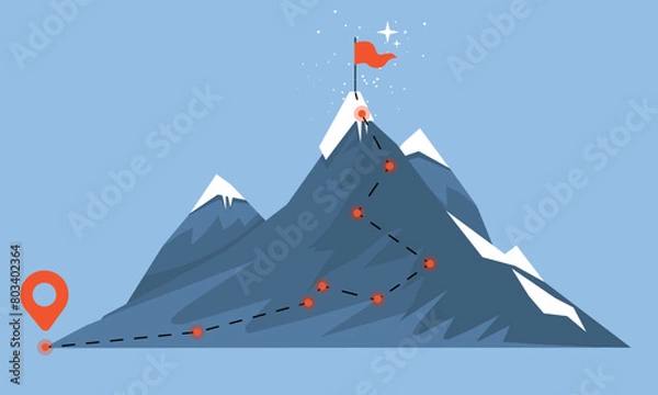 Fototapeta Vector illustration of climbing to the top of the mountain with a red flag in cartoon style. The concept of leadership, achieving success, goals in work, study, business isolated on a blue background.