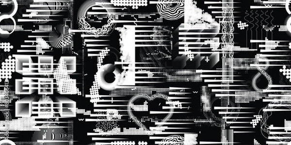 Obraz Glitch distorted grungy abstract forms . Cyber punk seamless pattern texture. Halftone dots .Futuristic background . Glitched shapes with dots and lines .Screen print endless pattern texture