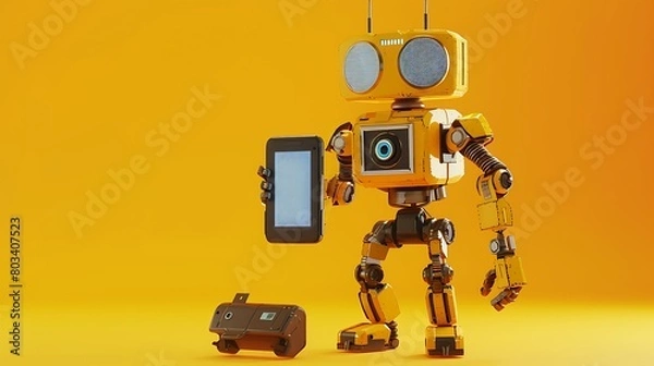 Obraz Robot toy and Smart phone on yellow backround