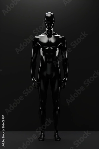 Fototapeta A black male mannequin made of a smooth shiny material stands on a black base on a dark gray background.