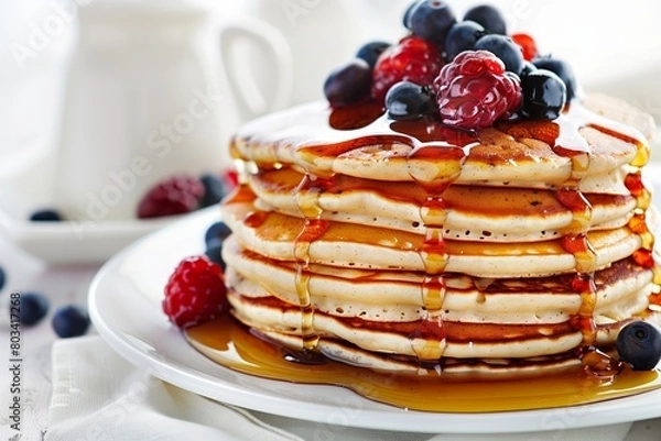 Fototapeta Pancakes with berries and syrup on a table