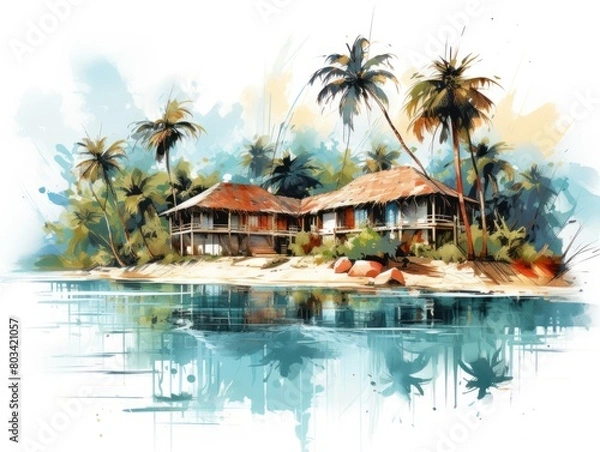 Fototapeta A painting of a beach house surrounded by palm trees and a body of water.