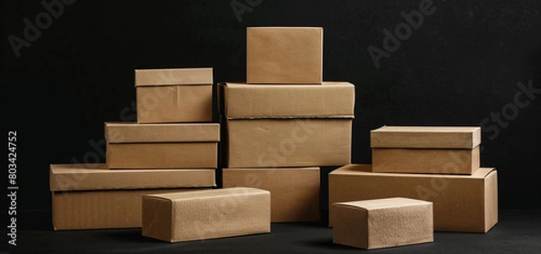 Fototapeta Realistic stack of cardboard boxes on black background logo in white letters, isolated.