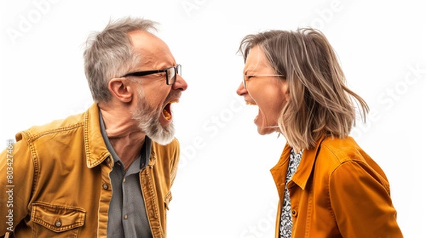 Fototapeta Mid aged couple yelling at each other isolated on white, studio shot, concept for marriage problem, temper control and human relationships