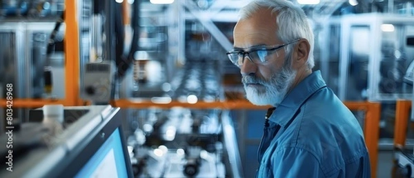 Fototapeta Illustration of a thoughtful middle-aged engineer monitors and analyzes conditions in a modern electronics factory with an automated robot working with the help of artificial intelligence software.