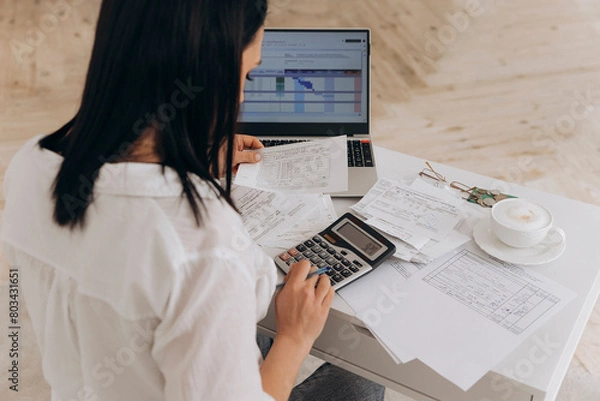 Obraz Back view of brunette woman calculates utility expenses on laptop and calculator, engaged in online bill payments and financial documentation, concept of financial advice and remote work platforms