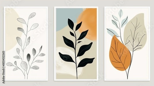 Fototapeta A set of three modern botanical art prints featuring stylized plant illustrations with abstract backgrounds.