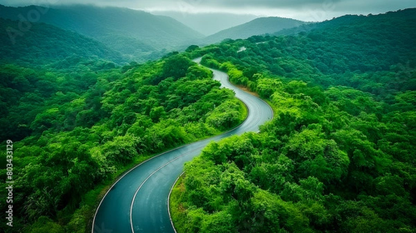 Obraz Aerial top view beautiful curve road on green forest in the rain season.
