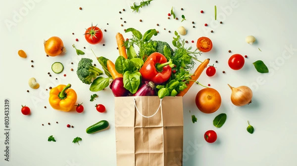 Obraz Fresh vegetables falling into the paper bag. vegetables and fruits on white. Shopping food supermarket concept.