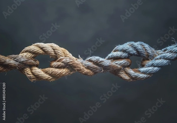 Fototapeta Dependence and reliance on a trusted partner symbolized by two ropes tied as an unbreakable chain, embodying strength and support in the trust concept