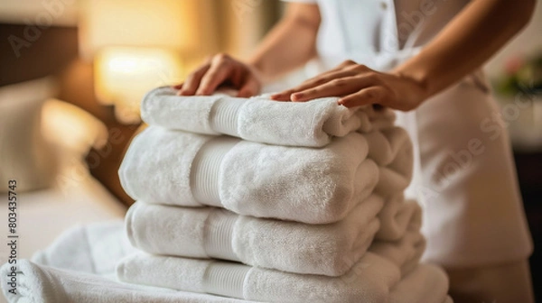 Obraz Close-up of Hand professional chambermaid putting stack of fresh towels in the hotel room.