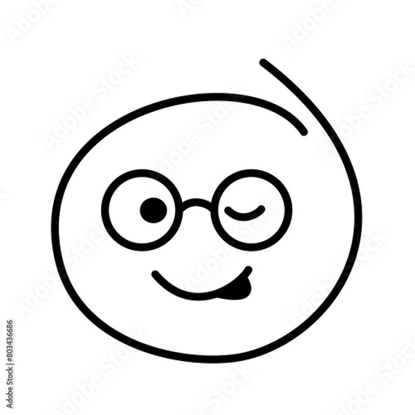 Obraz Black and white drawn winking emoticon smile bespectacled with round glasses and tongue sticking out on the side. Licks himself.