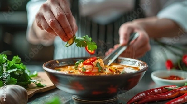 Fototapeta A chef garnishing a bowl of tom yum goong soup with fresh cilantro leaves and sliced red chili peppers, adding visual appeal and extra flavor.