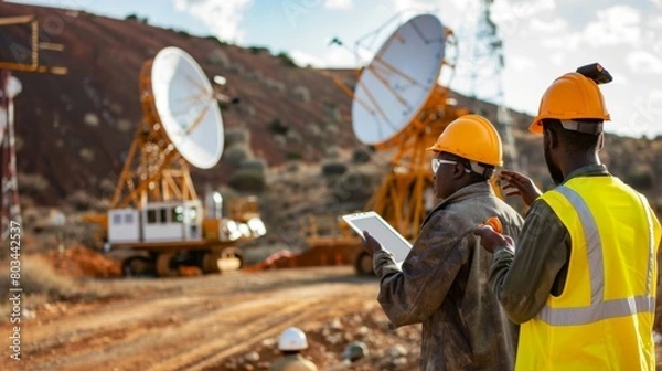 Fototapeta A construction team in a remote area using satellite communication for project management, logistics, and coordination with headquarters.