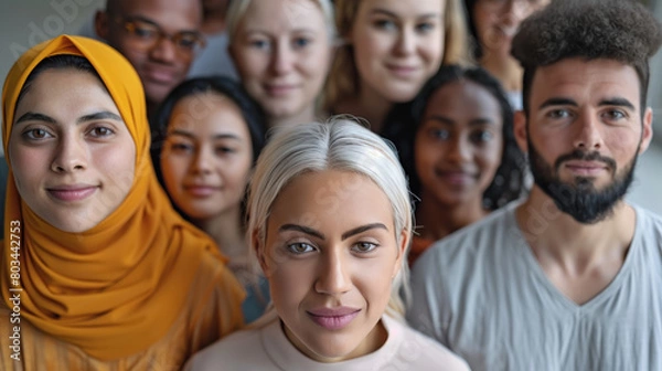 Fototapeta A diverse group of people from different cultural backgrounds engaged in dialogue, symbolizing cross-cultural communication and understanding.