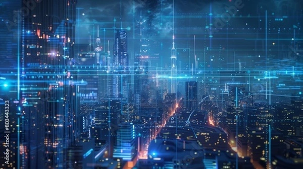 Fototapeta A futuristic city skyline with holographic communication displays, representing advanced technology erasing physical borders.