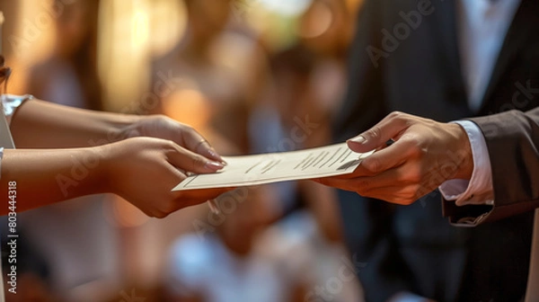 Fototapeta A person receiving an award or certificate of appreciation at a formal recognition ceremony. capturing honor and pride as the recipient is acknowledged for their contributions, achievements